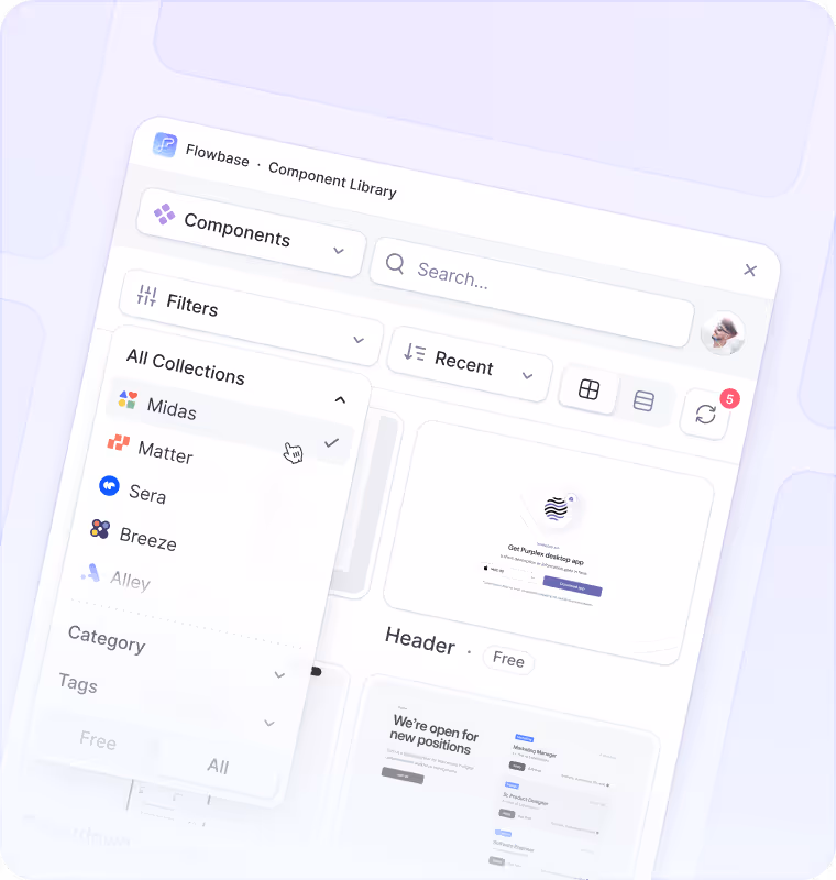 Flowbase Figma App screenshot showing components with filtering