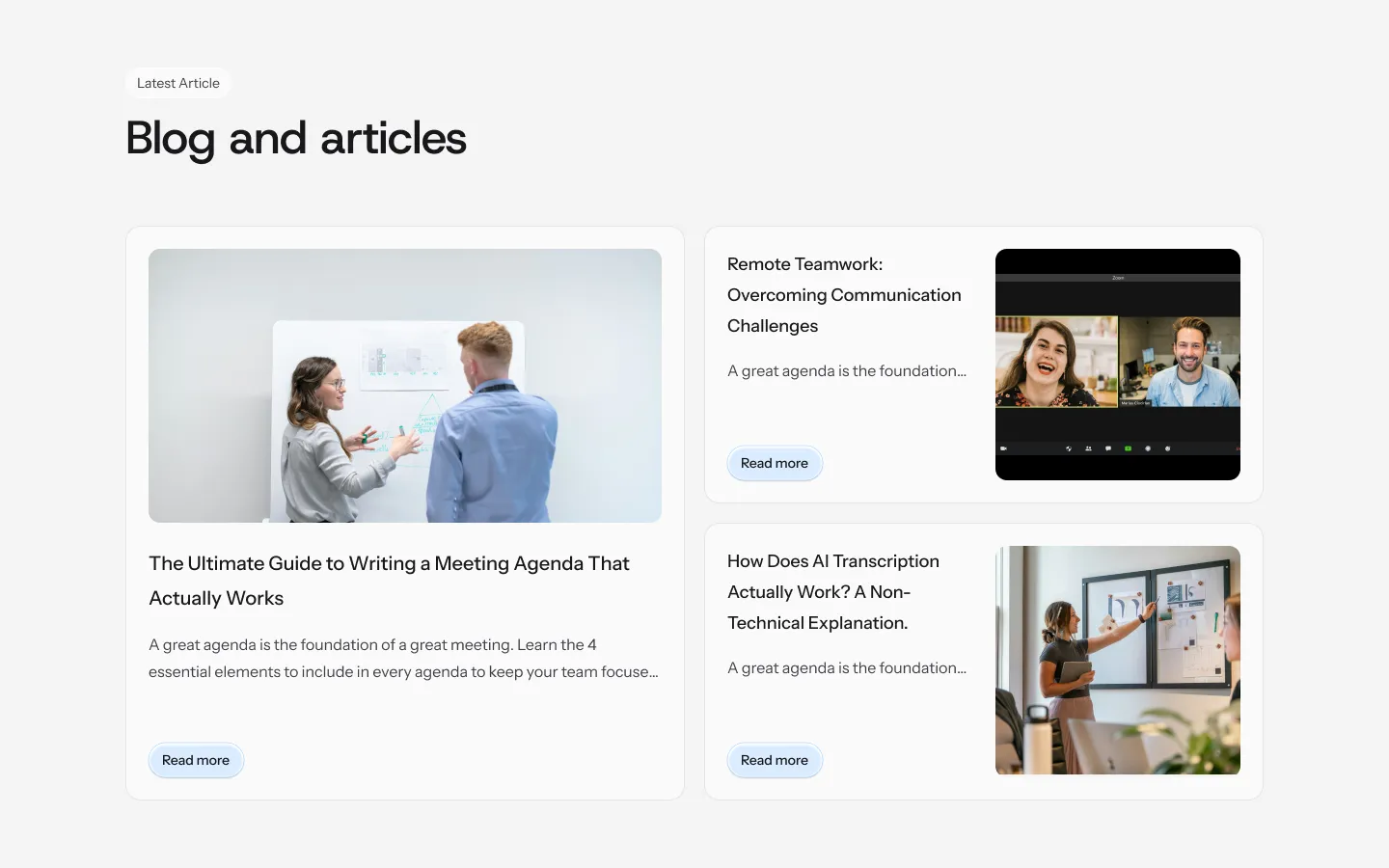 Blog and articles section showing three posts with images of people in meetings and video calls alongside titles and read more buttons.