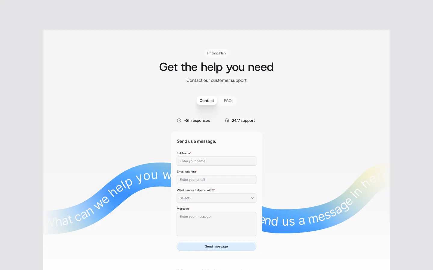 Customer support contact form with fields for full name, email, inquiry type, and message, plus options for contact or FAQs and 24/7 support.