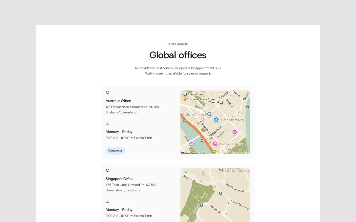 Contact information for Australia and Singapore offices with addresses, working hours Monday to Friday 9 AM to 5 PM Pacific Time, and partial maps.