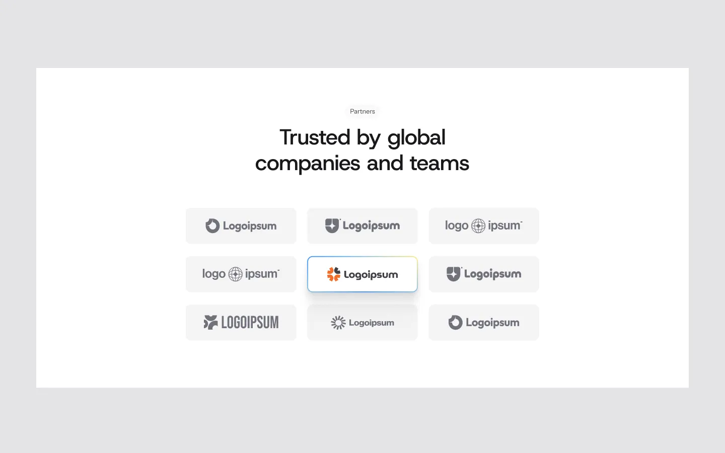 Collection of nine placeholder logos with the heading 'Trusted by global companies and teams' above them.