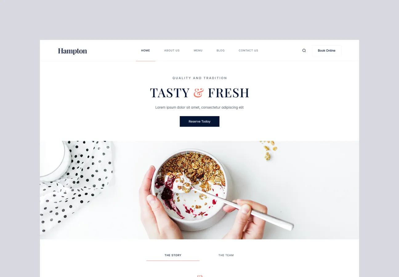 Website homepage for Hampton featuring a bowl of granola with yogurt and berry compote being held and stirred with a spoon.
