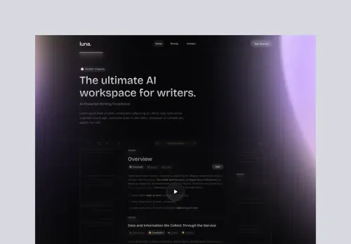 Website homepage for Luna, an AI workspace for writers, featuring navigation menu and a video overview section on a dark gradient background.