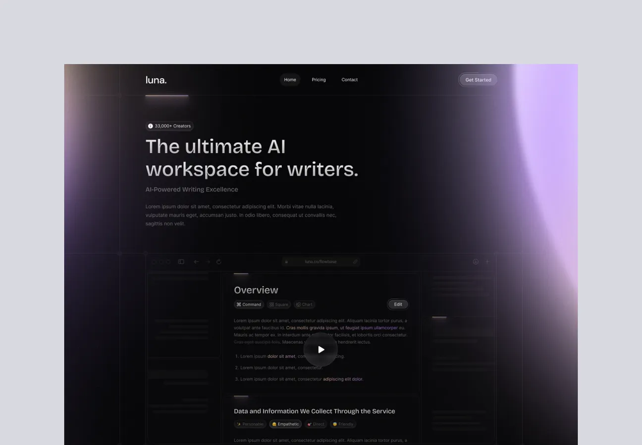 Website homepage for Luna, an AI workspace for writers, featuring navigation menu and a video overview section on a dark gradient background.