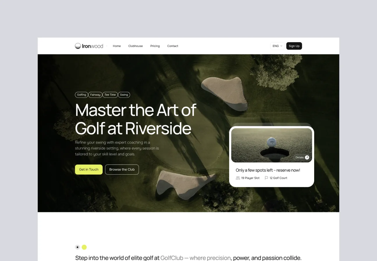 Website homepage for Ironwood Golf Club showing an aerial view of a golf course with sand traps, and text promoting expert golf coaching at Riverside.