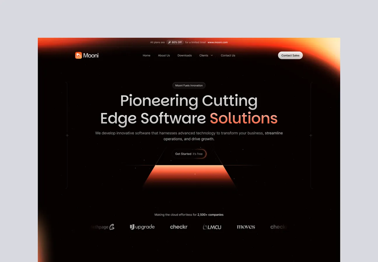 Mooni website homepage with headline 'Pioneering Cutting Edge Software Solutions' and a call-to-action button saying 'Get Started it's free', featuring logos of partner companies at the bottom.