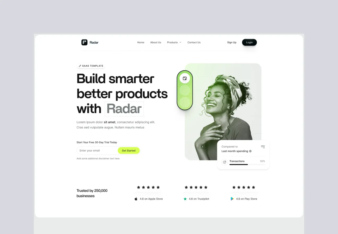 Website homepage for Radar SaaS template featuring a smiling woman, call-to-action to start a free trial, and user ratings from Apple Store, Trustpilot, and Play Store.