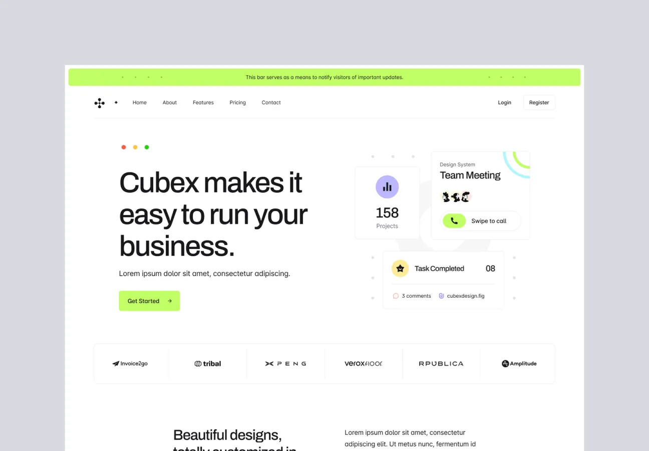 Website homepage with navigation bar, headline 'Cubex makes it easy to run your business,' a call-to-action button, project stats, team meeting widget, and partner logos.