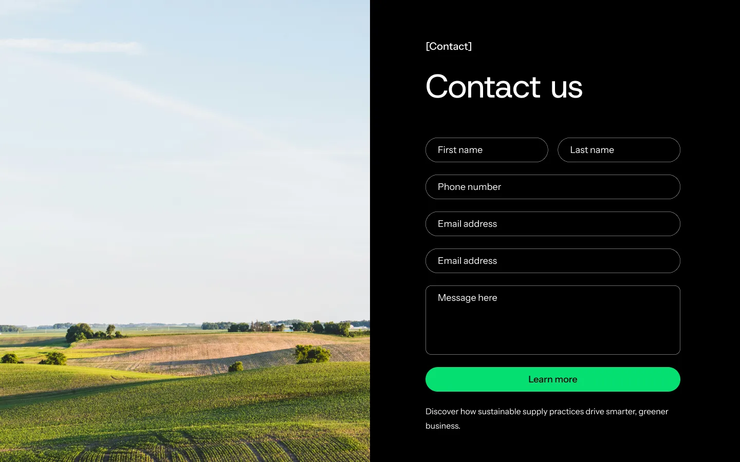 Contact us form on black background with fields for first name, last name, phone number, email address, and message, beside a green field landscape under a clear sky.