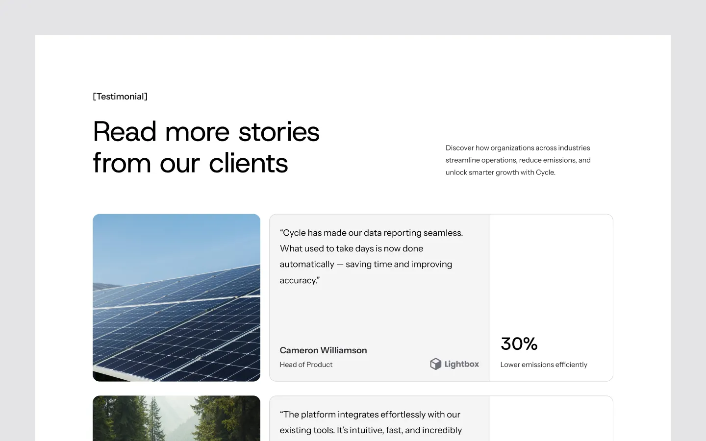 Testimonial section titled 'Read more stories from our clients' with a solar panel image and a quote from Cameron Williamson, Head of Product, highlighting seamless data reporting and 30% lower emissions efficiency for Lightbox.