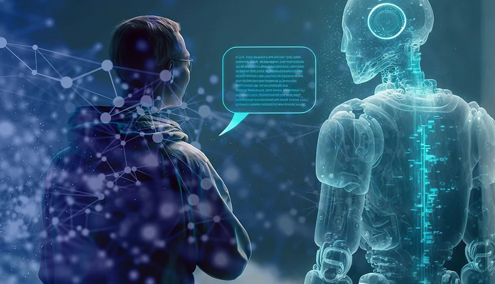 Eine Person und ein humanoider Roboter führen ein Gespräch.