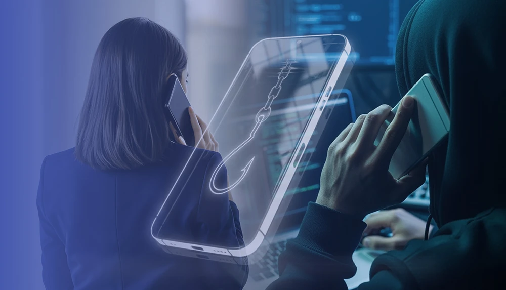 A woman calling while a hacker is listening.