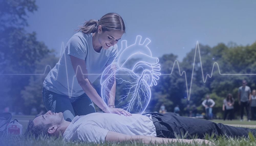 Image with woman providing first aid to a man