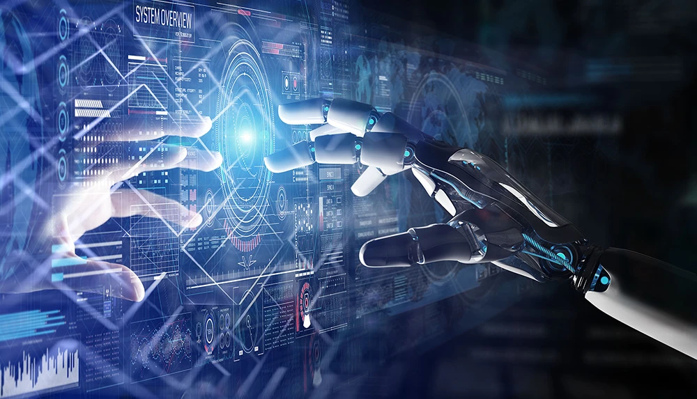 The hand of a humanoid robot touches a screen with dashboard information on it. A human hand can be seen in the reflection of the robot hand.