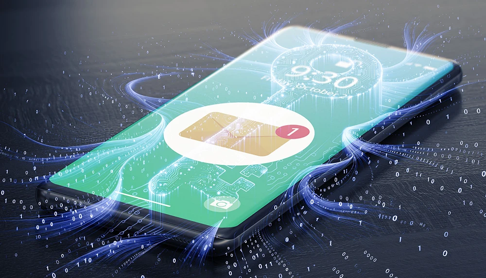 A smartphone in a horizontal position. Above you can see data streams flowing in and out of the device. 