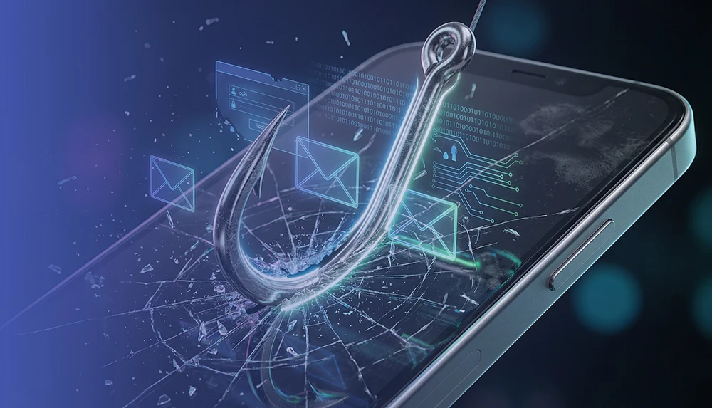 Close-up of a computer keyboard, above it a credit card hanging on fishing hooks.