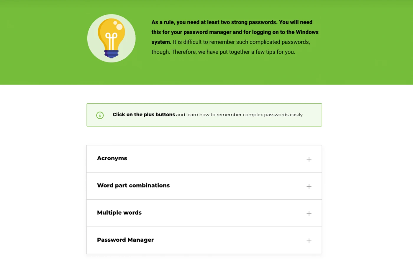 Cyber security: Dealing with passwords. A screenshot from the corresponding e-learning course.