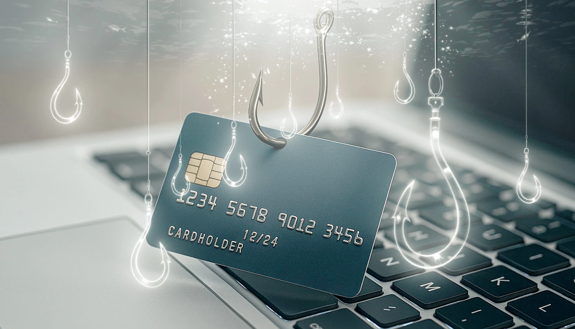 Phishing: Graphic shows credit or debit card pierced with fishhooks, emphasises attacks and fraudulent activities.