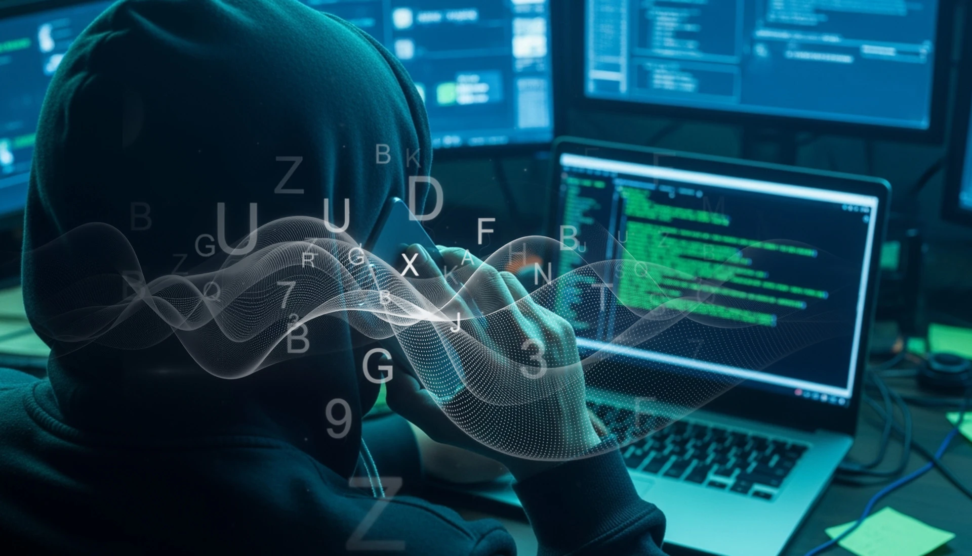 Social engineering: Criminal with laptop symbolises dangers through manipulation techniques.