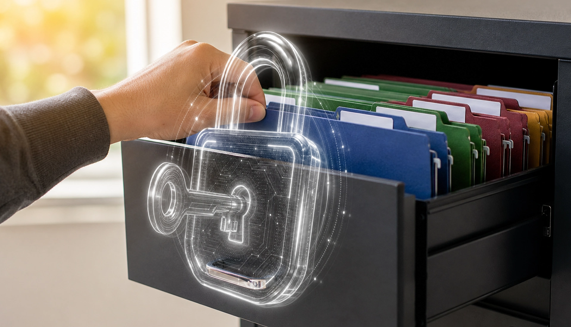 IT Security: Hand holding a folder from a filing cabinet to show data classification and information management.