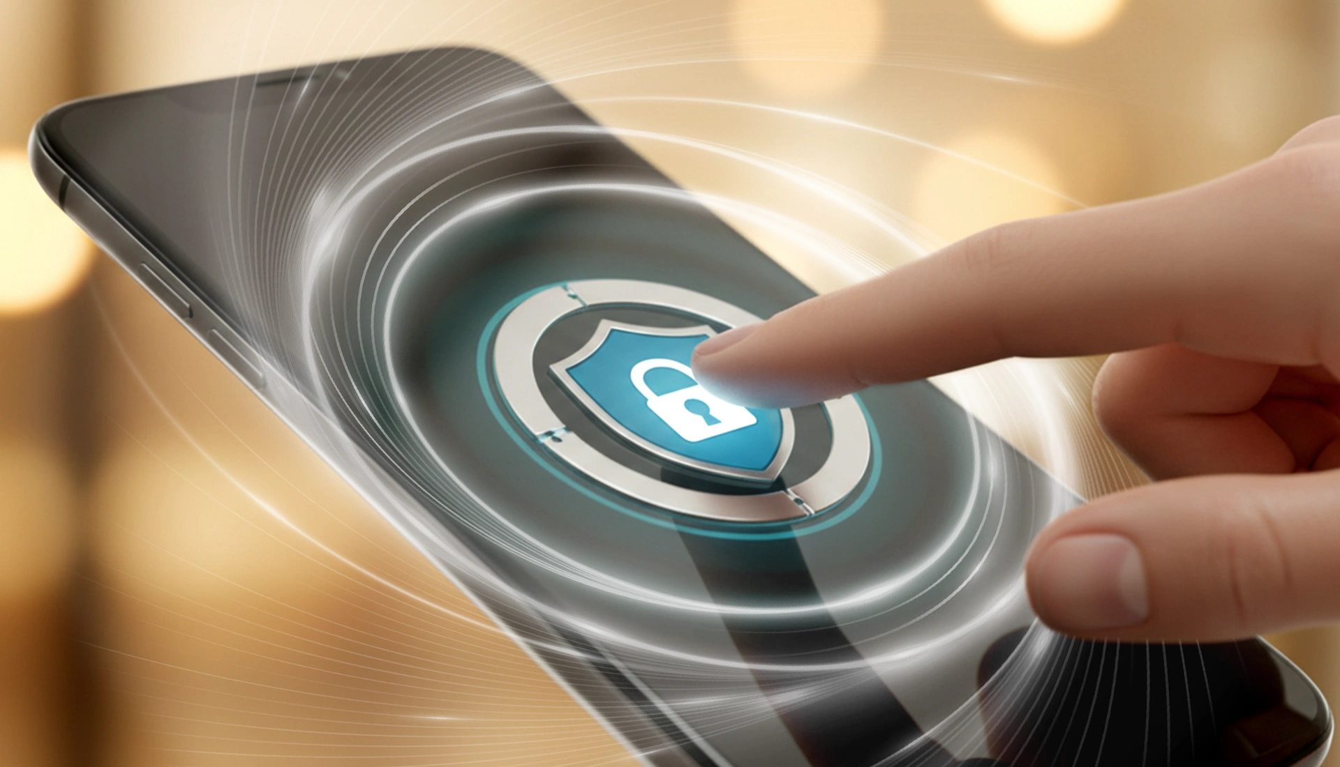 Cyber Security: Hand activates security protection by pressing a shield symbol.