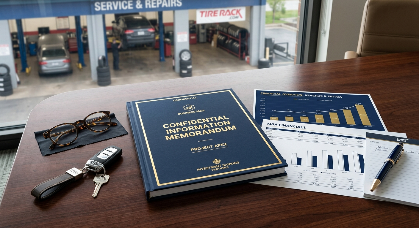 Confidential Information Memorandum document on a desk representing the CIM process for selling a multi-location auto repair dealership