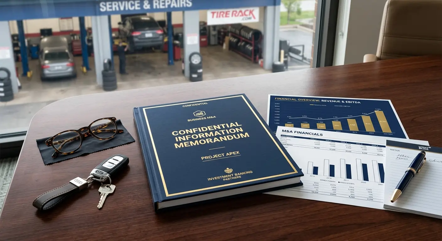 Confidential Information Memorandum document on a desk representing the CIM process for selling a multi-location auto repair dealership