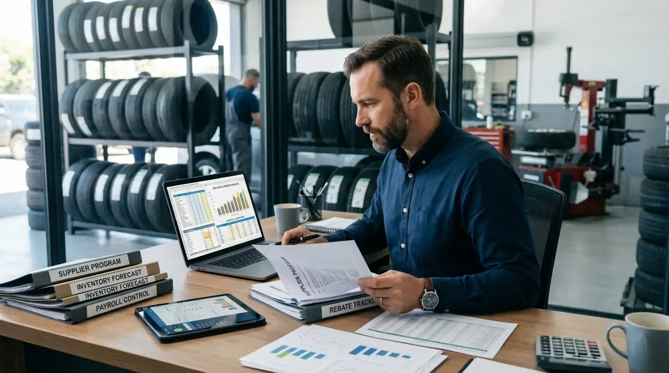 Tire shop manager reviewing 2026 supplier programs, rebate forecasts, and budgeting reports in a modern tire service office.