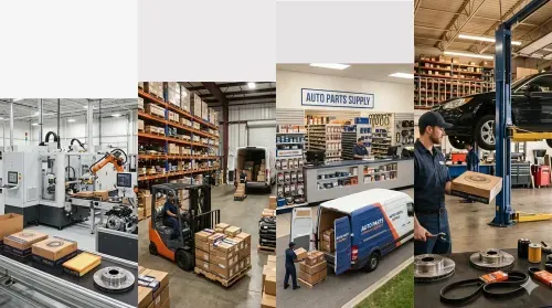 Four-panel automotive supply chain workflow from manufacturing and warehouse logistics to parts store delivery and electronics diagnostics.