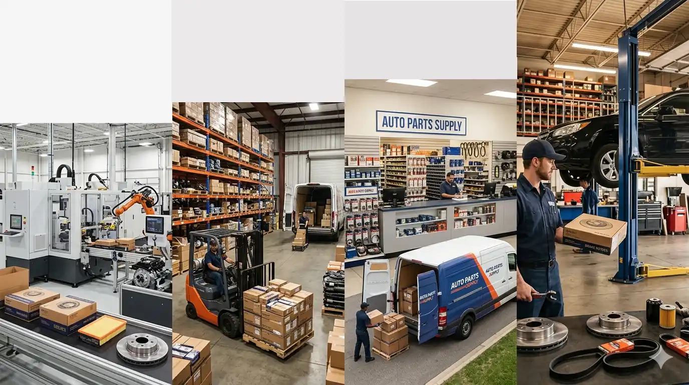 Four-panel automotive supply chain workflow from manufacturing and warehouse logistics to parts store delivery and electronics diagnostics.