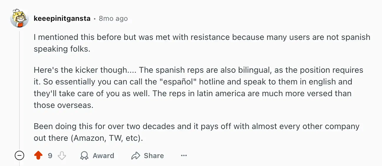 Screenshot of Reddit comment explaining how Spanish speaking customer service reps provide better support than English speaking reps.
