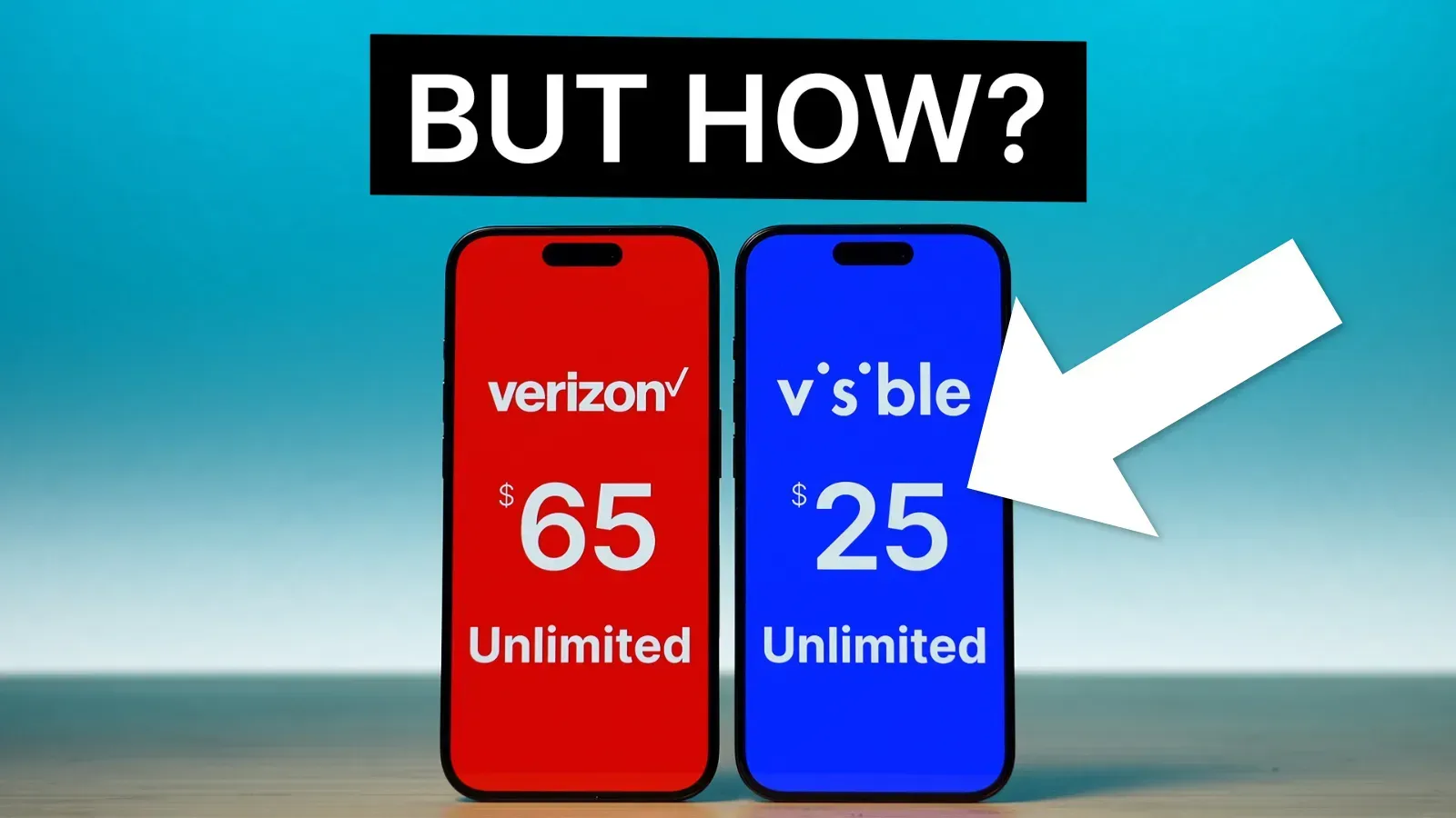 iPhone with $65 Verizon Unlimited Starter plan on screen next to an iPhone with Visible's $25 unlimited plan on screen.