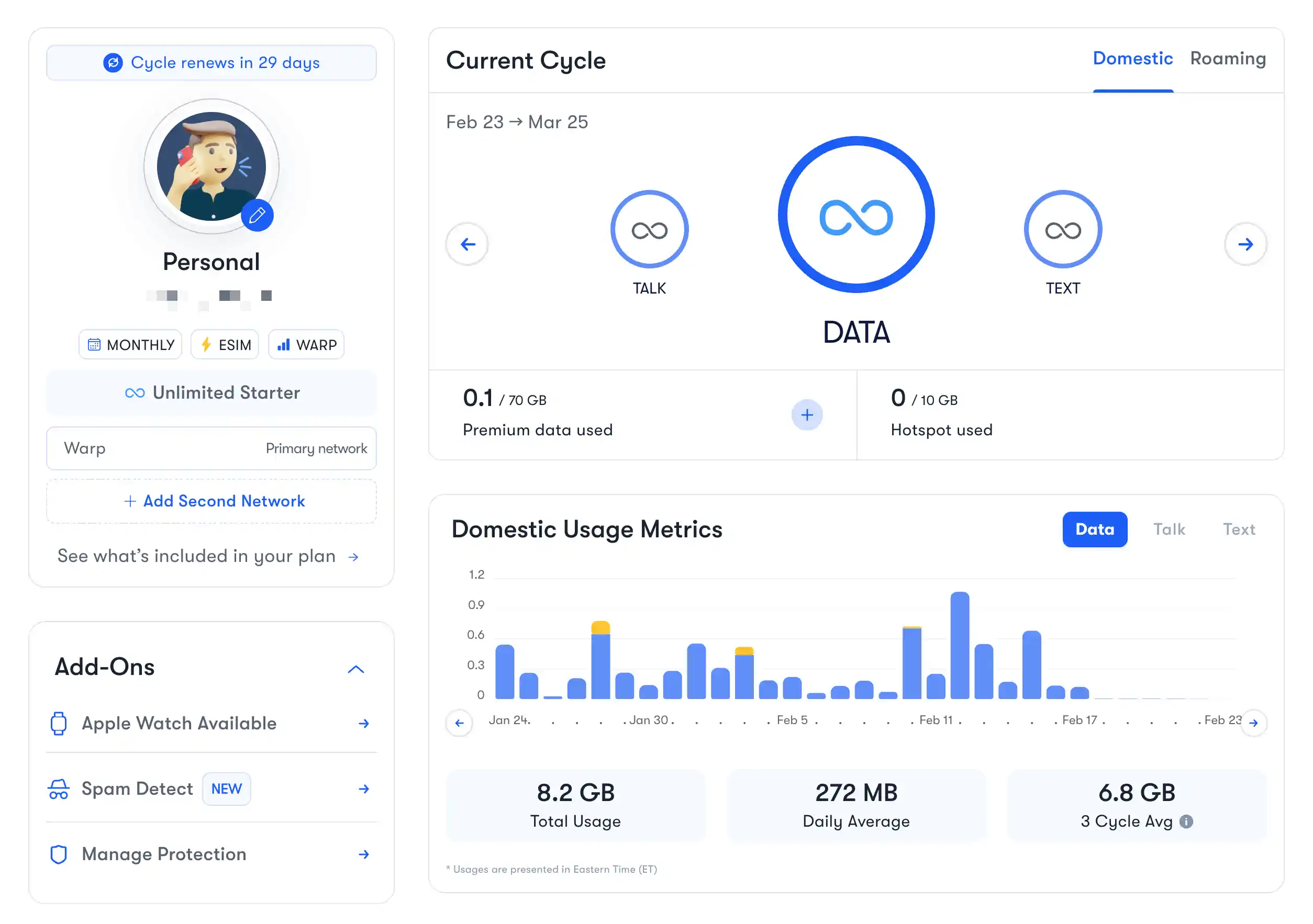 Stetson's US Mobile account dashboard for his personal line