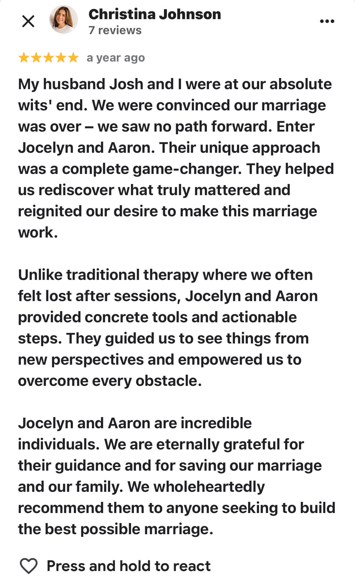Google review from Christina Johnson, 5 stars