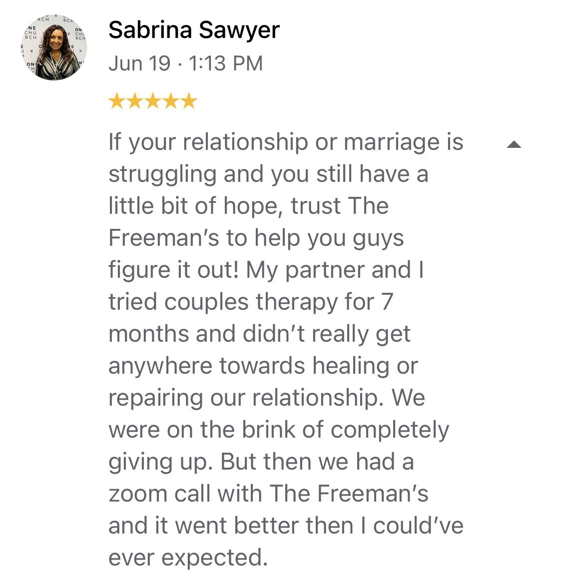 Google review from Sabrina