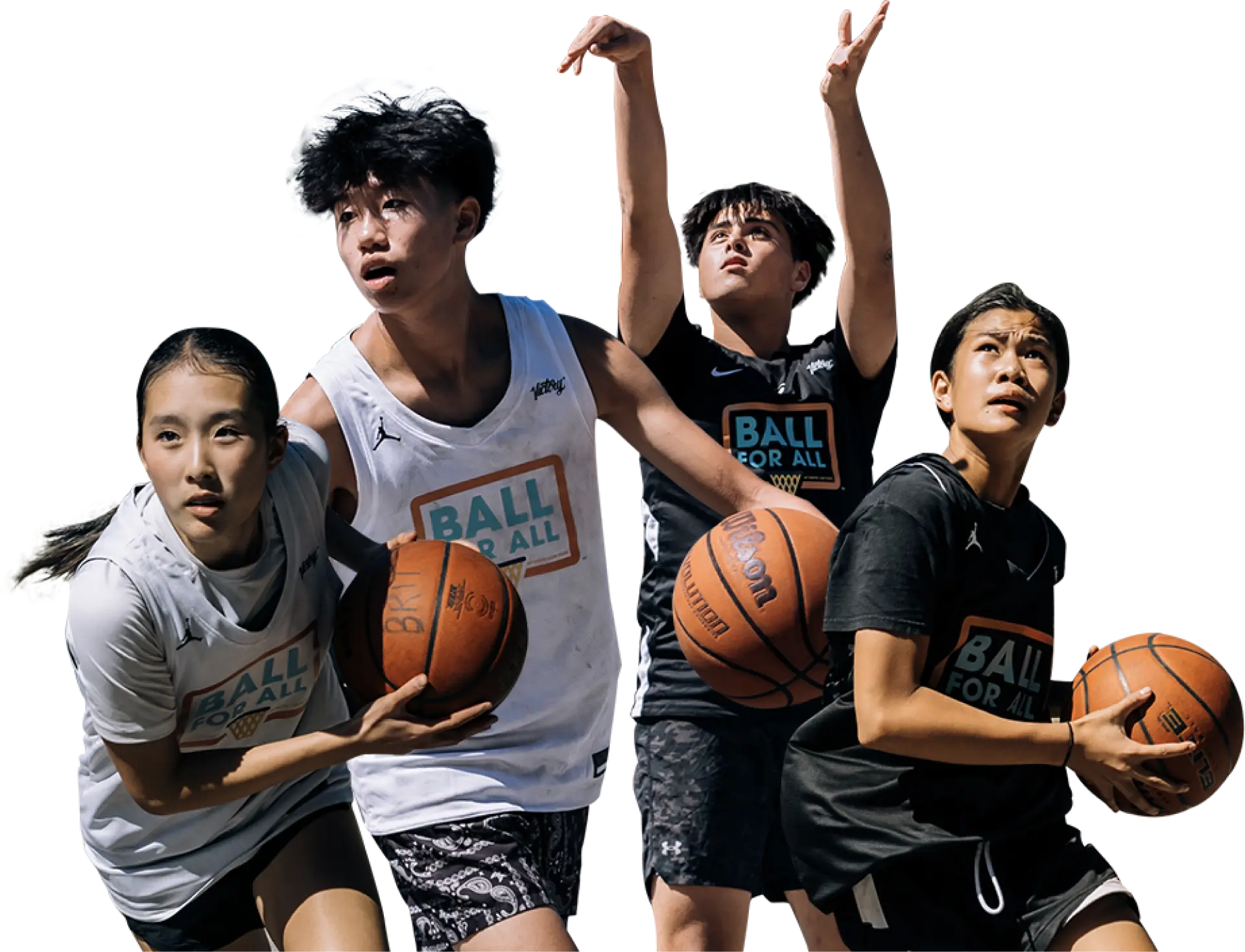 4 young teens playing basketball in different action poses