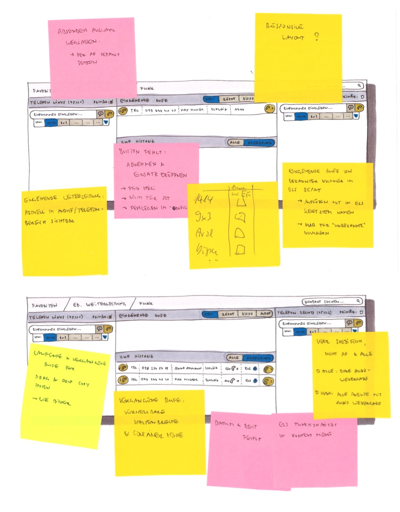 Scans of UI sketches with lots of Post-Its