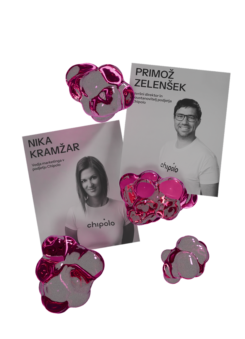 Black and white profile photos of Nika Kramžar, marketing lead, and Primož Zelenšek, CEO and co-founder of Chipolo, surrounded by shiny purple abstract shapes.