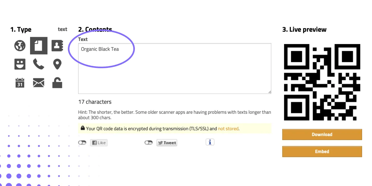 Screenshot of the Go QR website with the text input feild highlighted