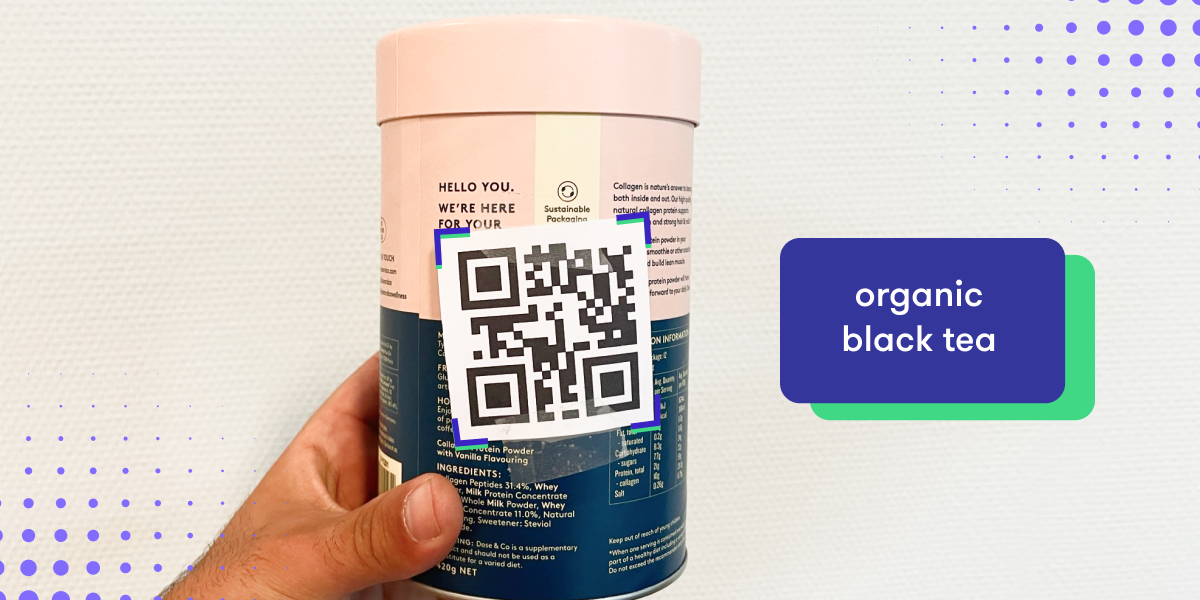 Picture of a contained with a QR code on it with the text "Organic Black Tea" floating next to it