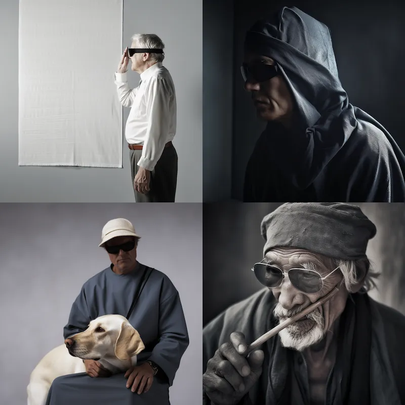 4 photos of men, they are all wearing glasses. Left top is standing in front of a white cloth, left bottom has a dog on his lap, right top man is wearing a robe/djellaba and the bottom right one has a stick he's holding towards his face.