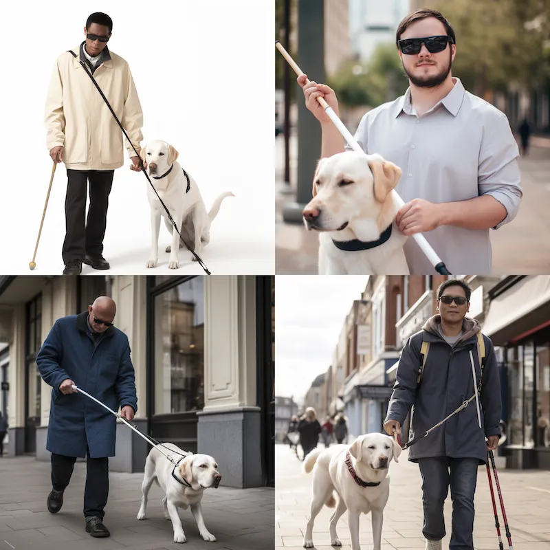 4 photos of men showing them with a dog, on the left top photo the men has two canes and a dog, the left bottom one has a cane but that looks like a leash attached to the dog, the right bottom one is a man that looks like he's holding two canes and has a dog in front of him, the left top photo shows a man that is holding a cane towards his front and a dog in front of him. All of the men are wearing sunglasses.
