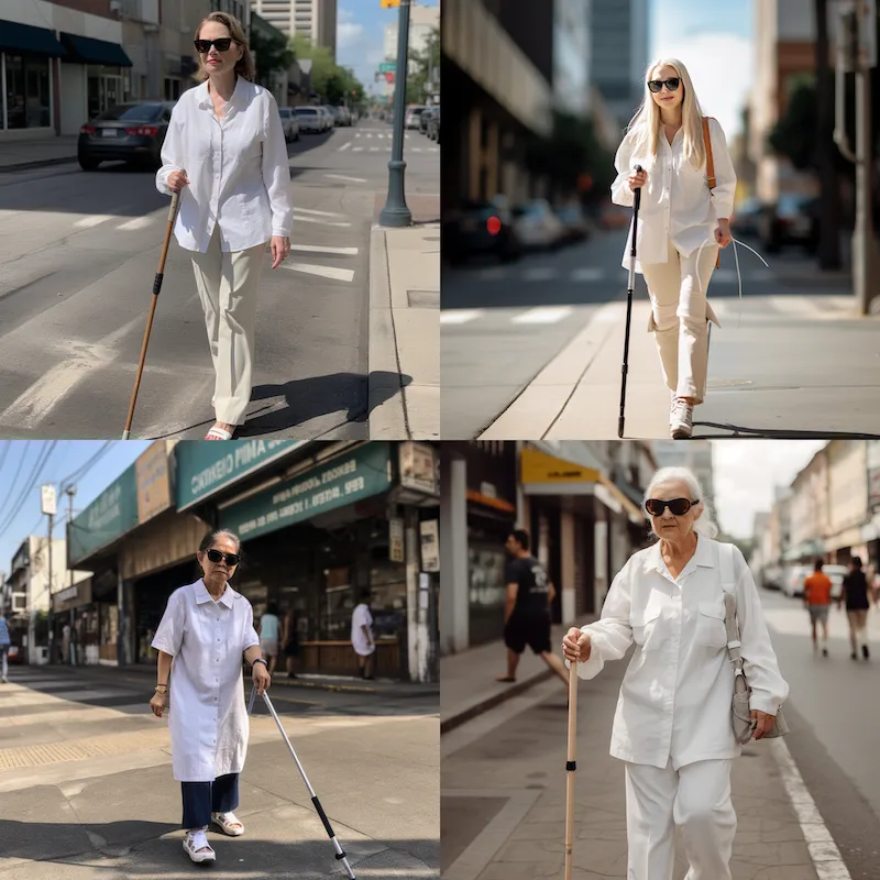 4 photos of women all wearing white clothing and wearing sunglasses. They're all in walking motion on the street. The top two photos show a young woman, whereas the bottom one show two elderly women. They are all holding a cane what don't resemble a white cane. The photo on the left bottom shows an asian-looking woman that looks like she's holding a white cane which is most similar to a traditional white cane.