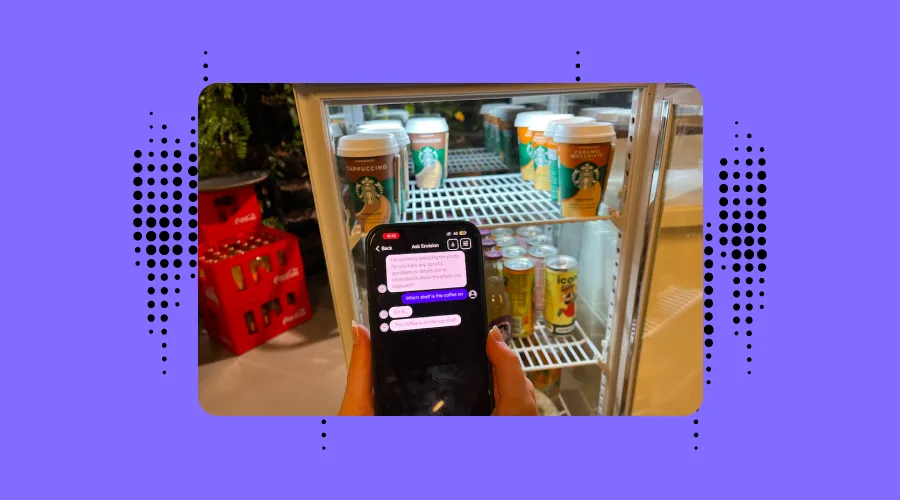 new envision app update . photo shows a the app answering on what shelf is the coffee in the fridge. the fridge as soda, coffee, and some food
