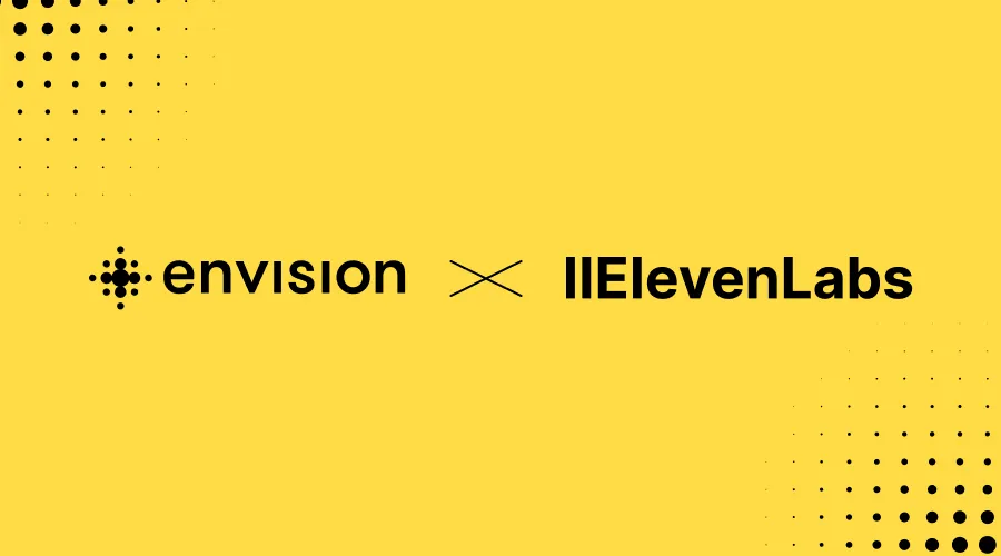 envision logo with an 'x' with elevenlabs the background is yellow