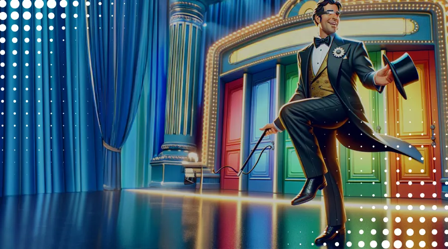  Enrico Visionetti in a tuxedo with a bow tie and a gold vest, wearing Envision glasses and holding a smart cane, stands in front of three brightly colored doors (red, blue, and green) on a stage. The stage is decorated with blue curtains and illuminated by warm, glowing lights. The man is smiling and lifting his top hat in a charismatic gesture, suggesting a surprise behind the doors.