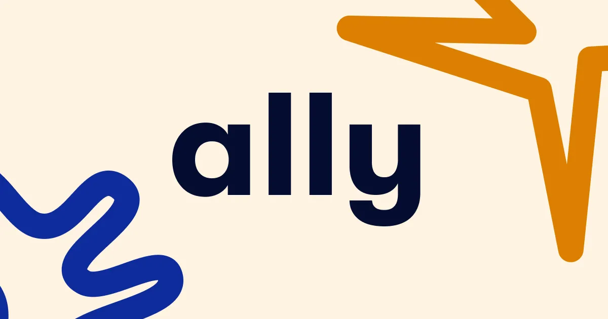 The word "ally" is displayed in bold, dark blue text on a light beige background, surrounded by abstract shapes in blue and orange.