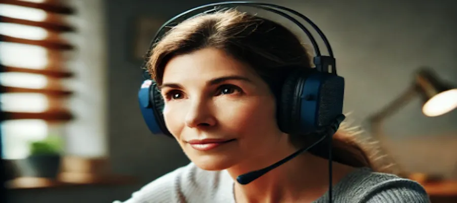 A dalle generated image of a midddle aged woman wearing gaming headphones and talking to a web camera.