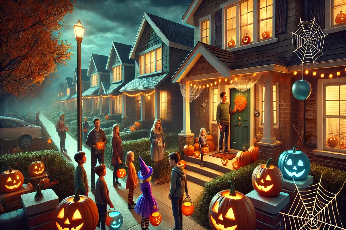 A vibrant Halloween scene in a suburban neighborhood. Children dressed in costumes, including a witch, line up on a well-lit porch holding pumpkin-shaped buckets for trick-or-treating. A man at the door, framed by orange wreaths and spider webs, greets them with a smile. Glowing jack-o’-lanterns of various sizes line the steps and porch, with additional pumpkins displayed along the sidewalk and bushes. The homes are decorated with festive string lights, and the orange leaves on a nearby tree reflect the autumn season. The scene takes place at dusk under a cloudy sky, adding a slightly spooky atmosphere.