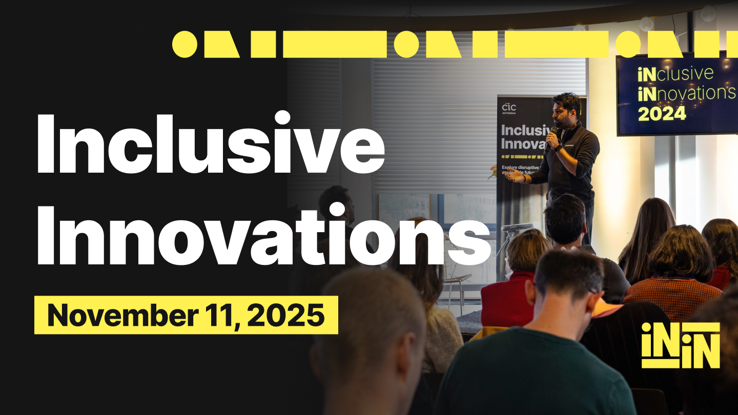 Inclusive Innovations event promotional graphic. On the left, large white text on a black background reads "Inclusive Innovations," with a yellow box below displaying "November 11, 2025" in bold black text. On the right, a photo shows a speaker holding a m